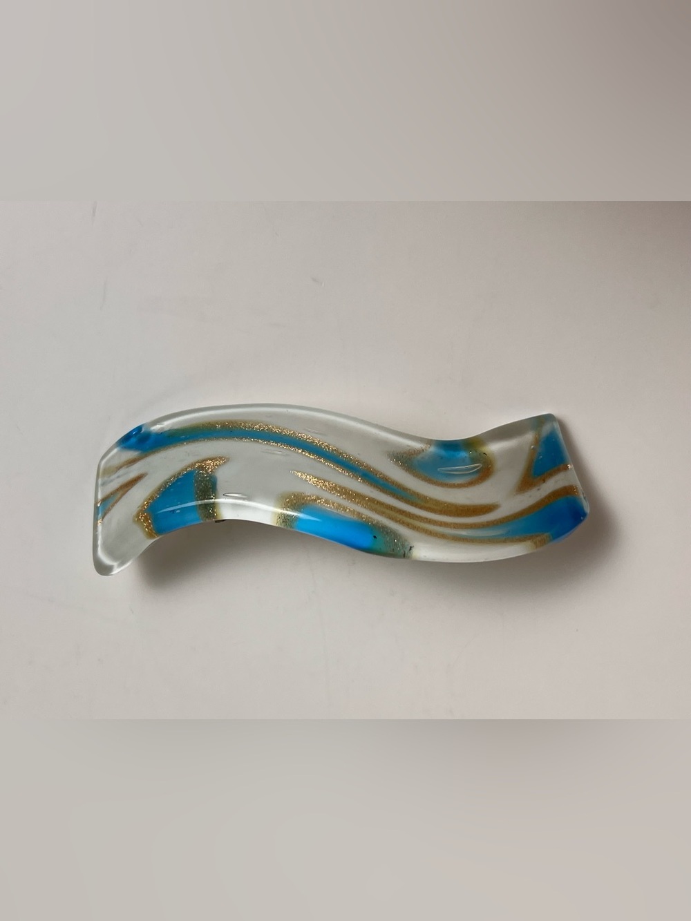 VTG Hand Blown Glass Hair Barrette Blue Gold White Swirl Metal Mechanism